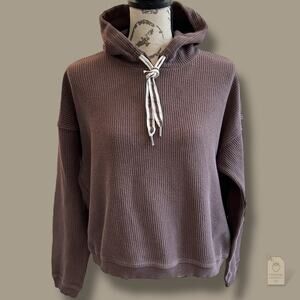 Aerie 100% Cotton Ribbed Knit Hoodie Brown Taupe S Cozy Fall Neutral